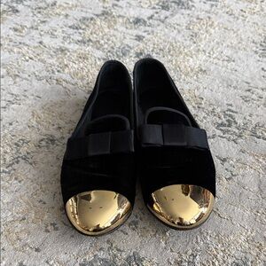 Giuseppe Zanotti Black Velvet Flats with Gold Cap Toe